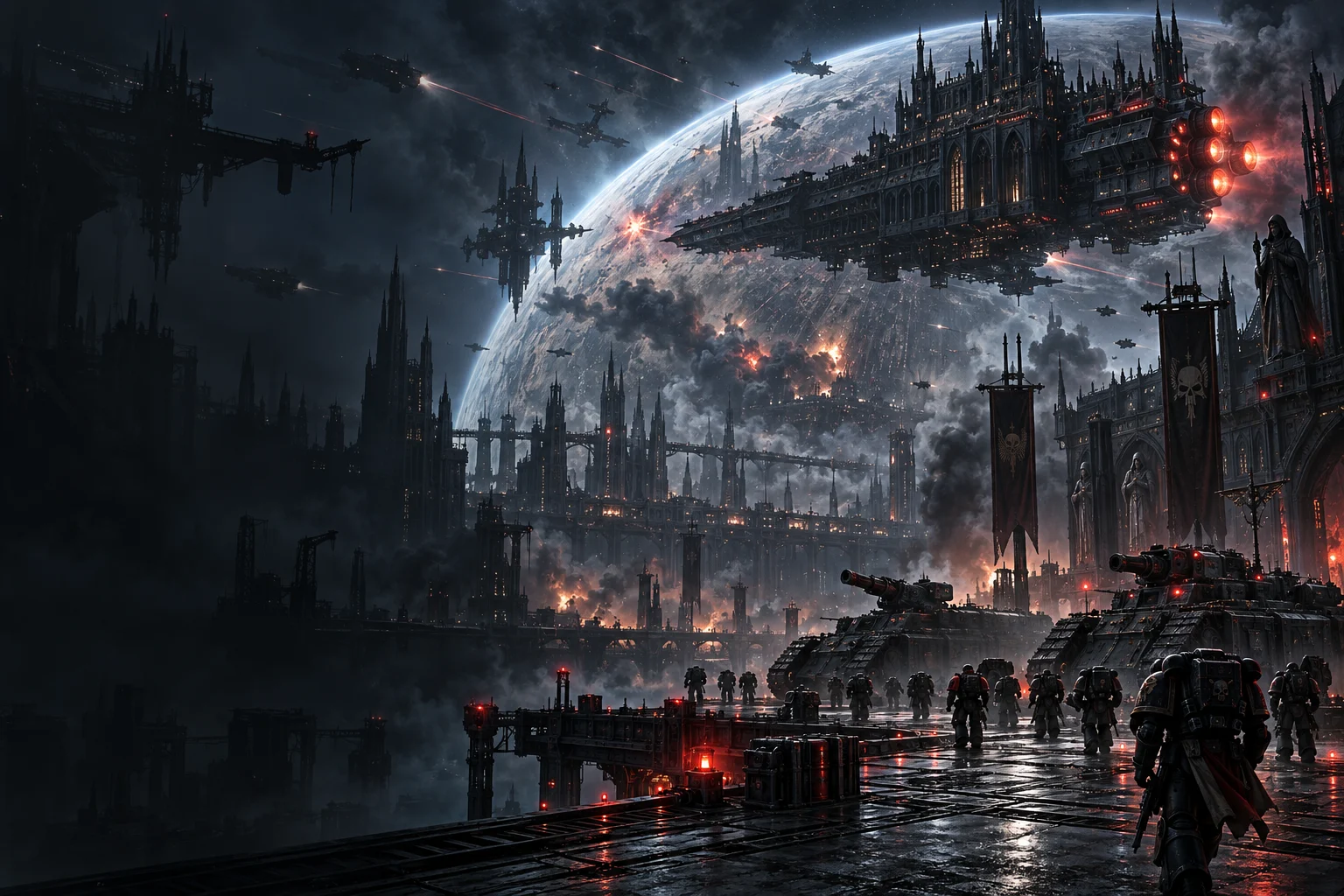 Gothic spacecraft above an industrial hive city and armored forces