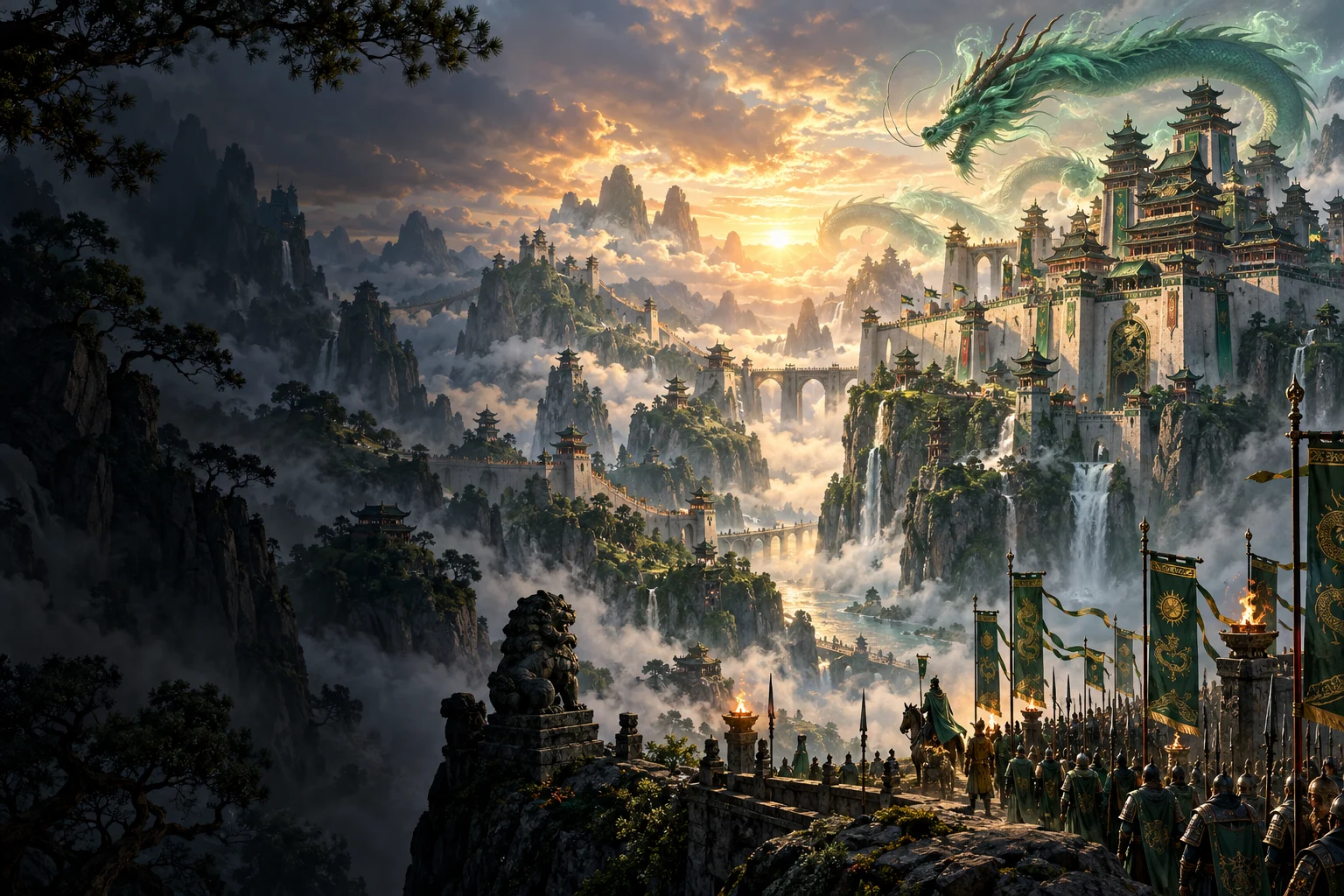 Fantasy Cathayan citadel and jade dragon